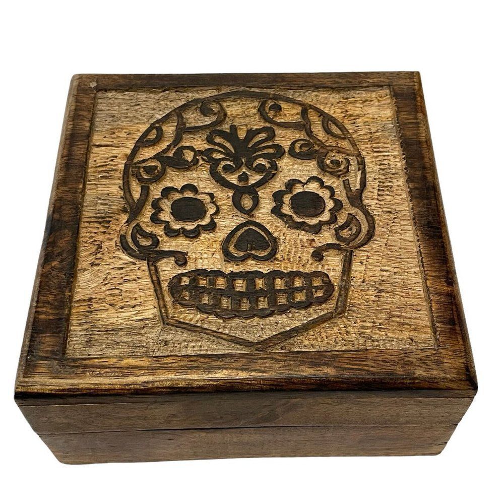 sugar skull carved wood box Día de los Muertos Handmade Oak Container Trinket